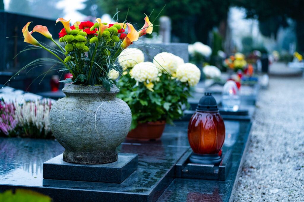 flowers on a marble grave