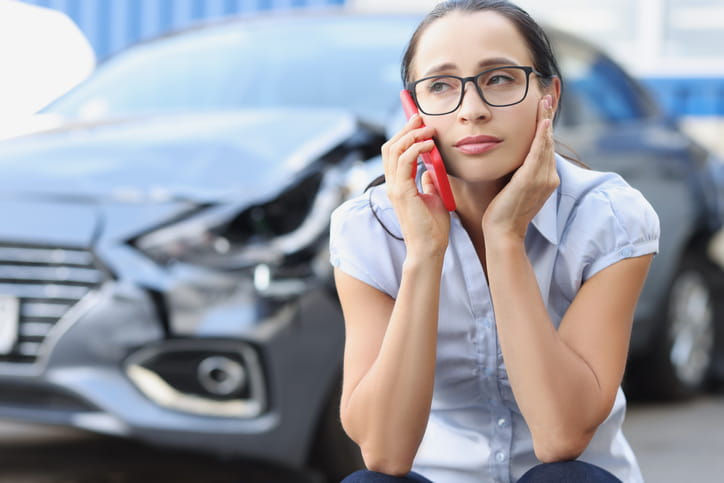 A woman on her cellphone after a car accident. Her damaged vehicle is out of focus in the background.