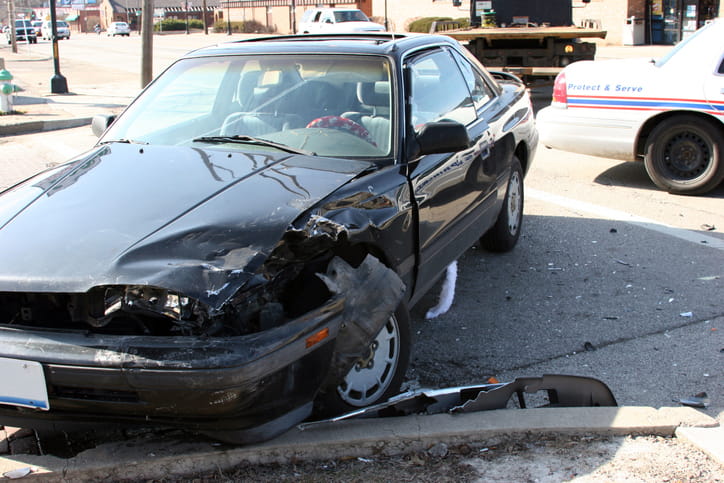 A severely damaged vehicle after a car accident. 