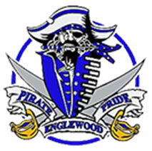 White and blue pirate with text saying pirate pride Englewood.