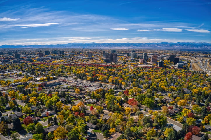 An aerial view of Aurora, Colorado.