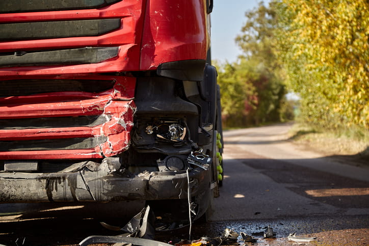 A smashed up semi-truck after an accident.