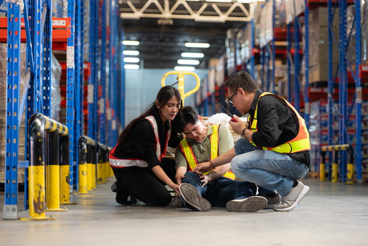 An injured worker being assisted by two co-workers.