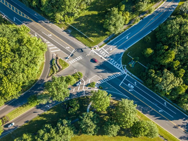 An aerial view of an intersection.