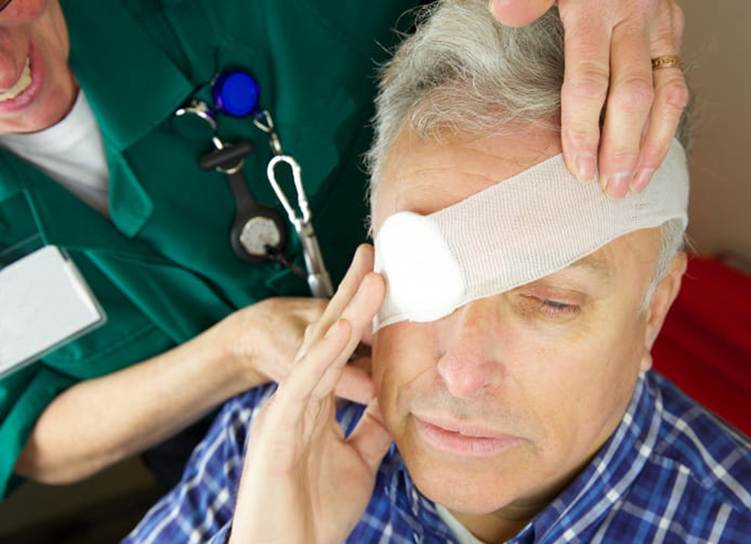 A doctor helping a patient with an eye injury.